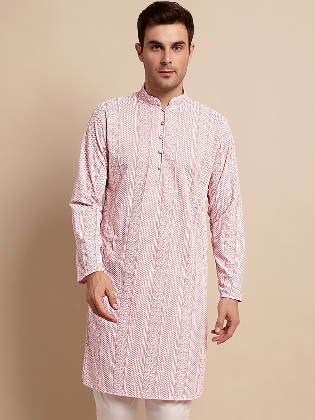 

Anouk Pink & White Ethnic Motifs Embroidered Pure Cotton Kurta