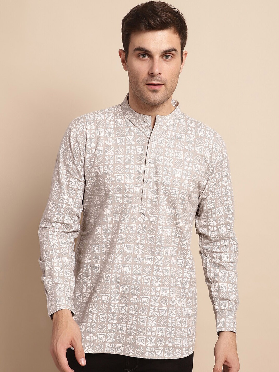 

Anouk Beige & White Ethnic Motifs Printed Pure Cotton Kurta