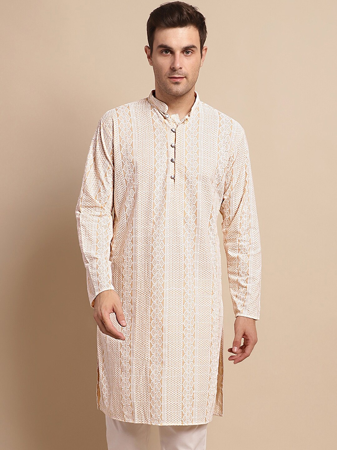 

Anouk Beige & White Ethnic Motifs Embroidered Pure Cotton Kurta