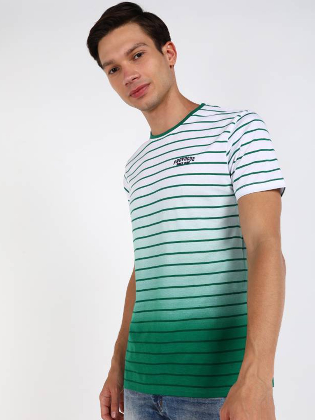 

Provogue Horizontal Striped Cotton T-Shirt, Green