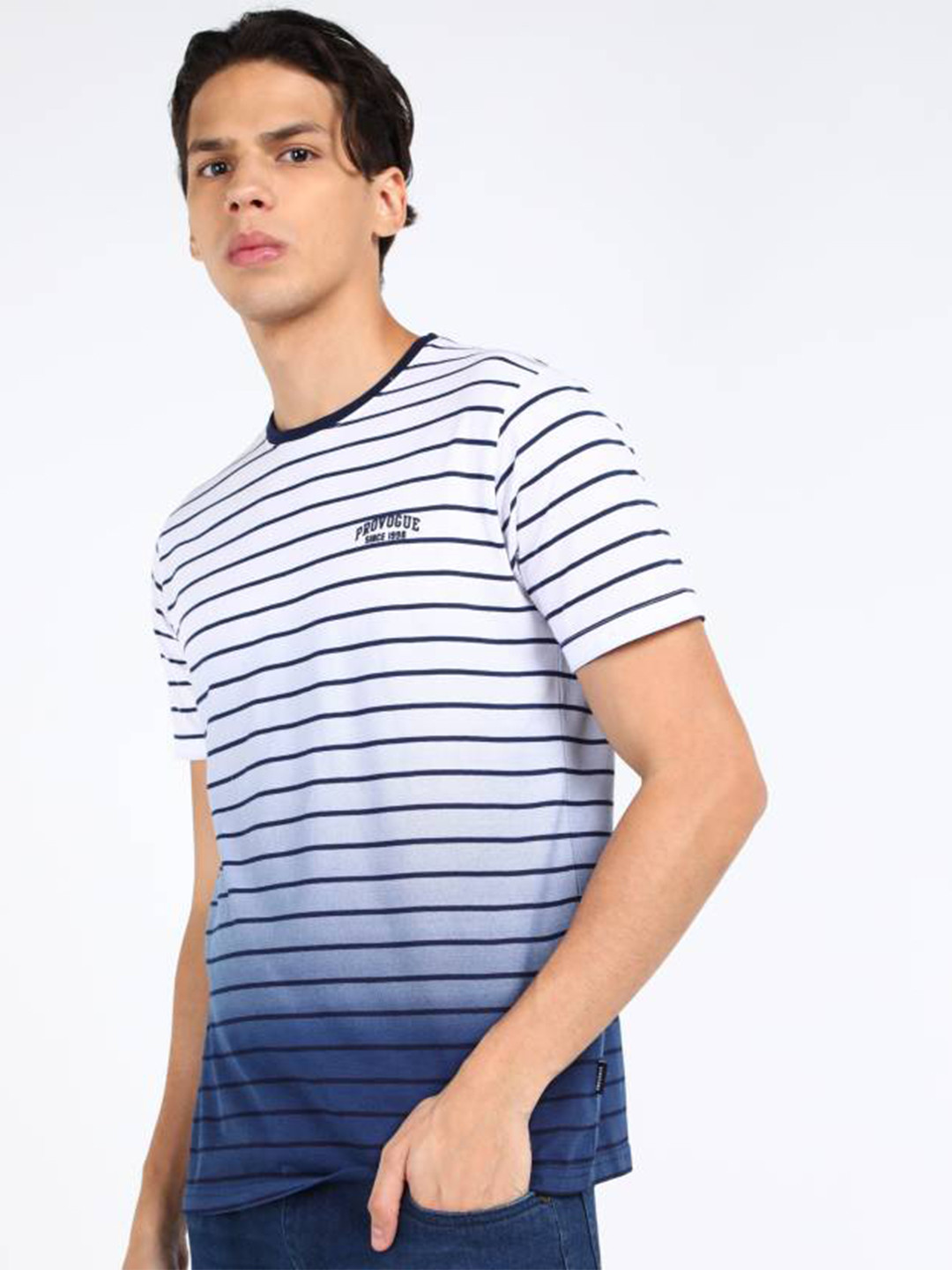 

Provogue Striped Casual Cotton T-shirt, Navy blue