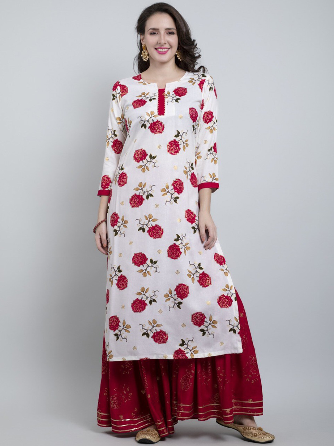 

GAJARAI Floral Printed Kurta With Sharara, Red