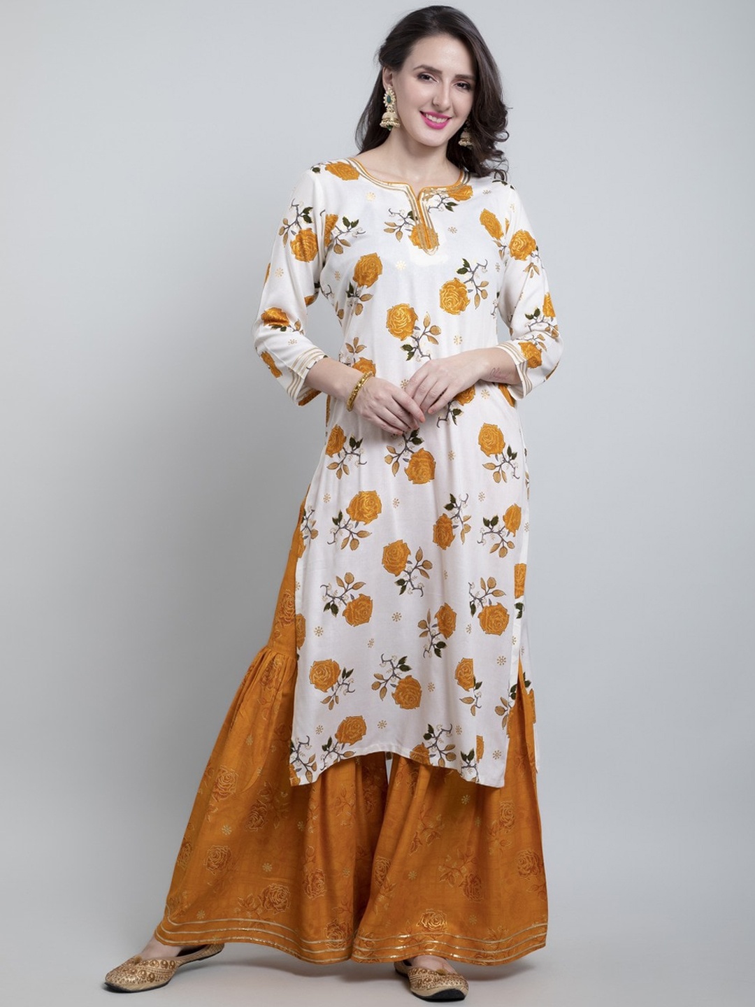 

GAJARAI Floral Printed Kurta With Sharara, Mustard