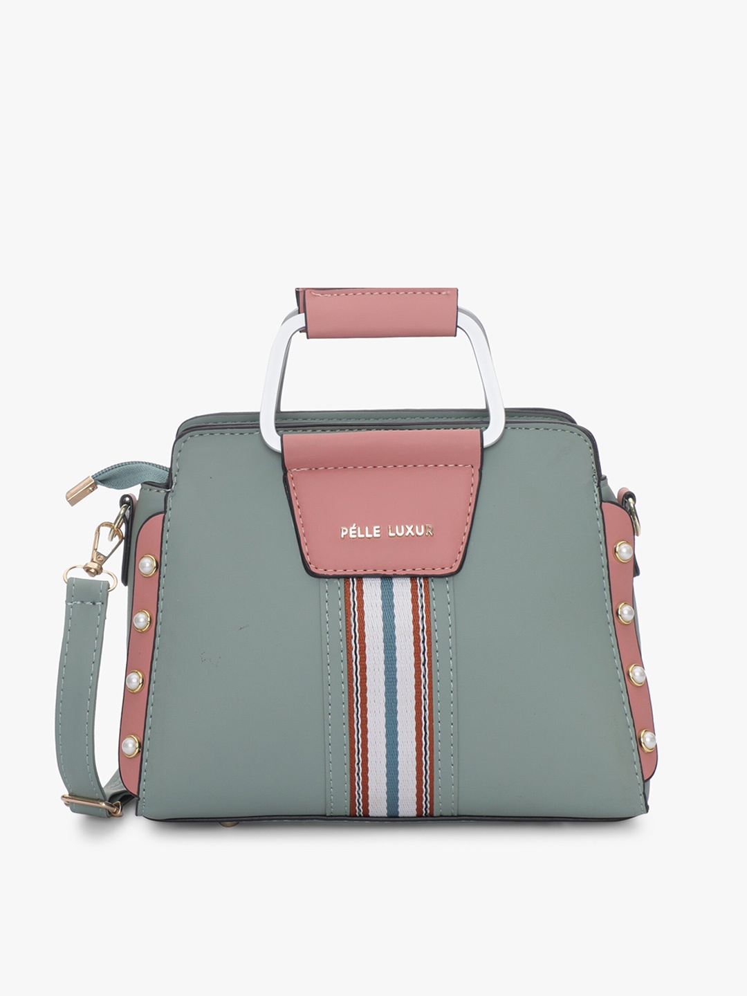 

PELLE LUXUR Striped PU Structured Satchel Bag, Grey