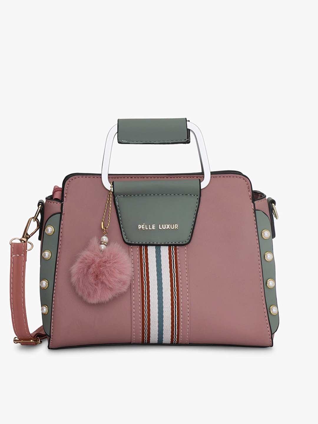 

PELLE LUXUR Striped PU Structured Satchel Bag, Pink