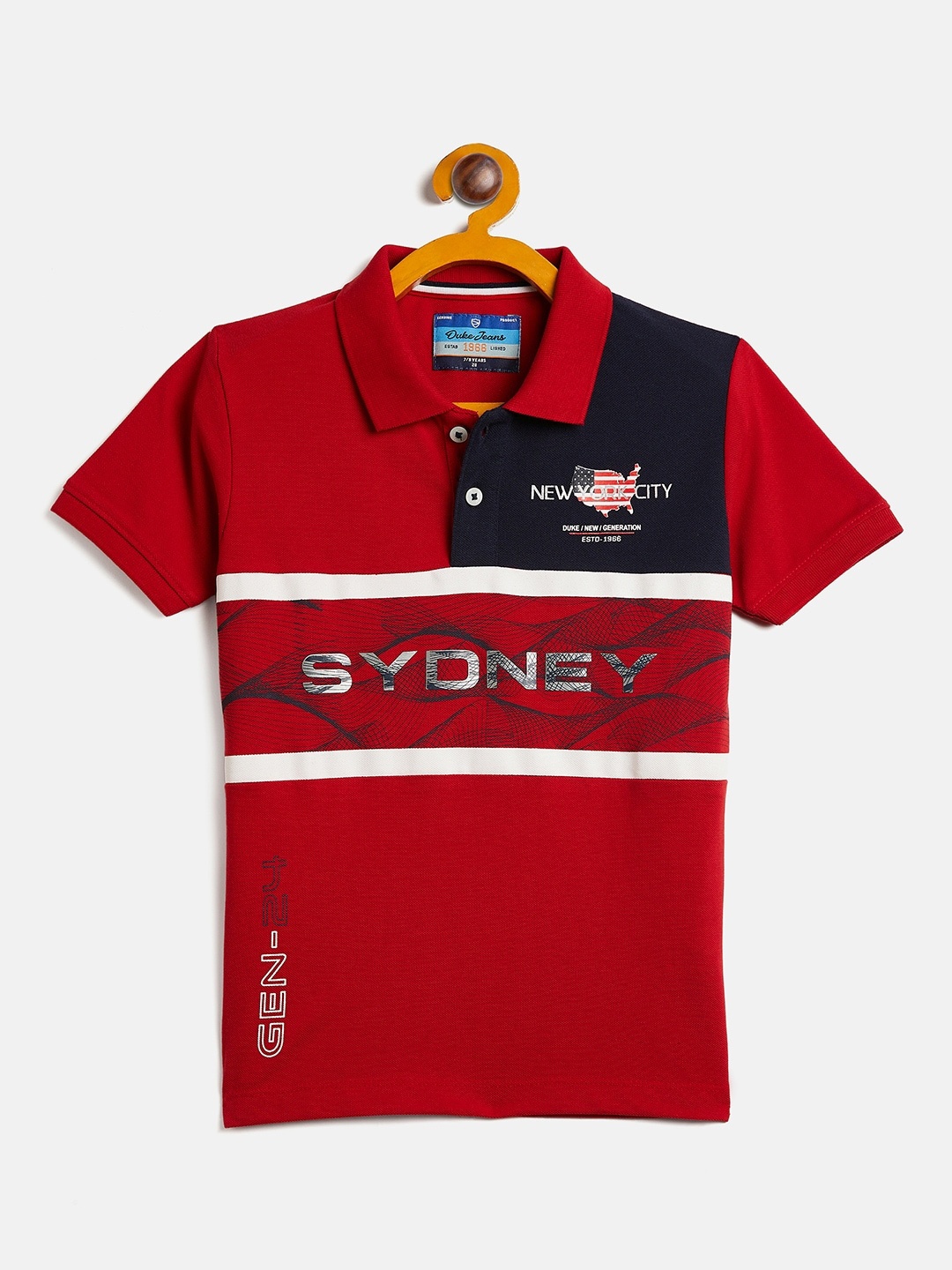 

Duke Boys Typography Printed Polo Collar Slim Fit Cotton Casual T Shirt, Red