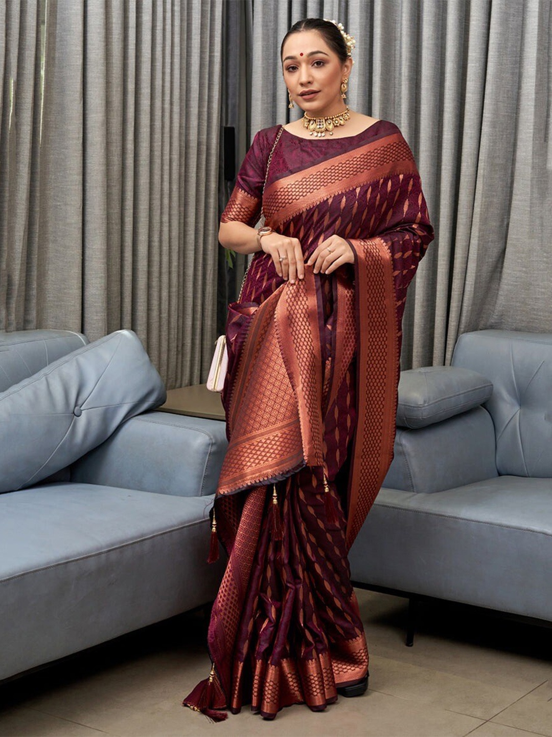 

KALINI Ethnic Motifs Zari Banarasi Saree, Purple