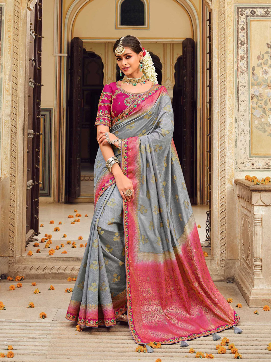 

Mitera Grey & Pink Woven Design Embroidered Silk Blend Banarasi Saree