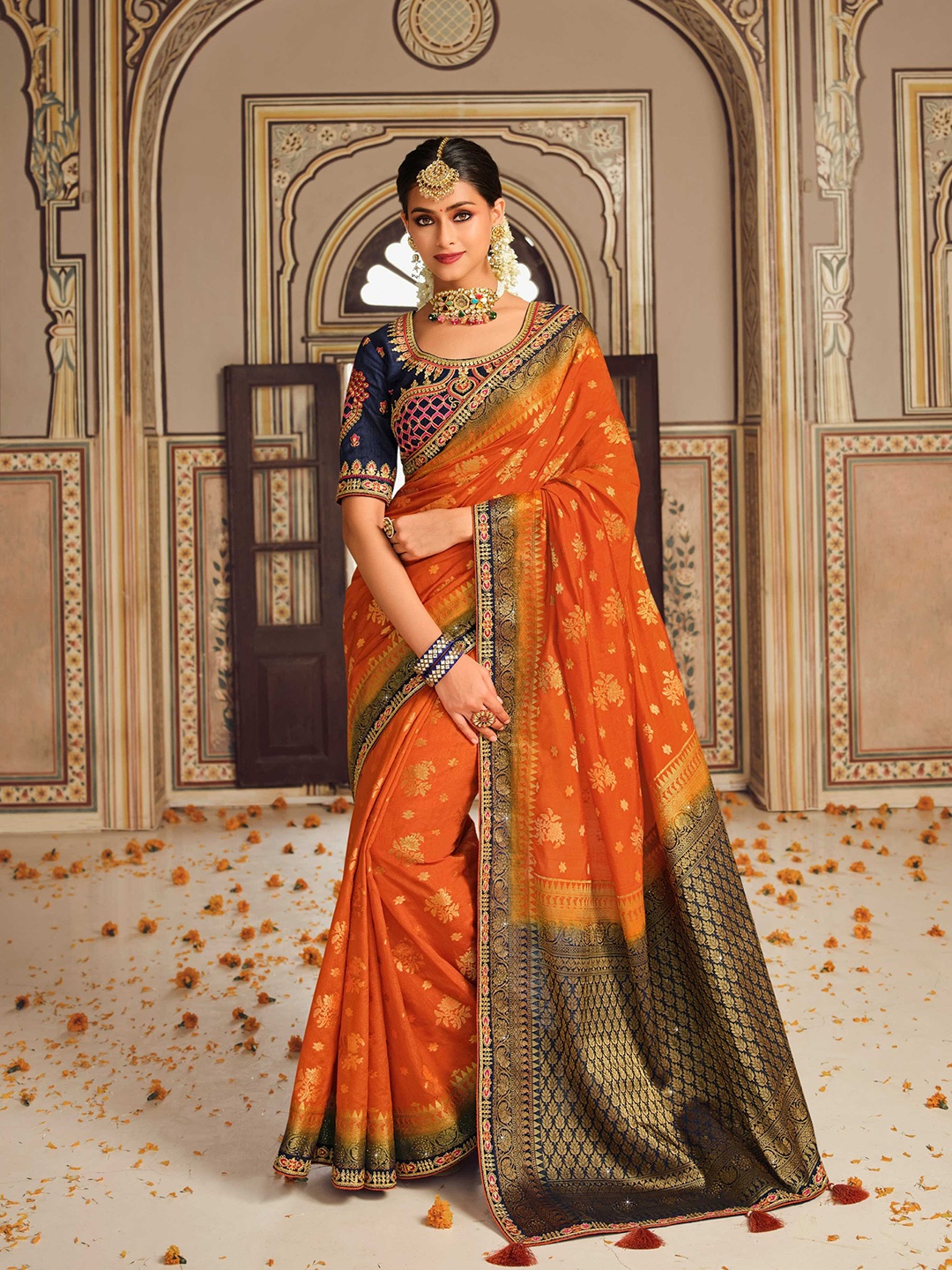 

Mitera Orange & Navy Blue Woven Design Silk Blend Banarasi Saree