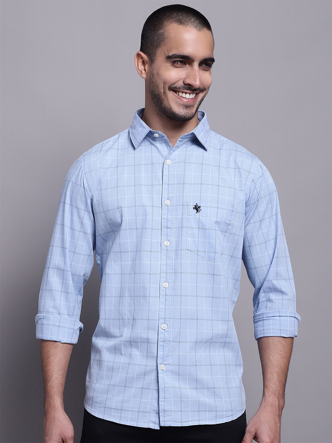 

Cantabil Comfort Windowpane Checks Opaque Cotton Casual Shirt, Blue