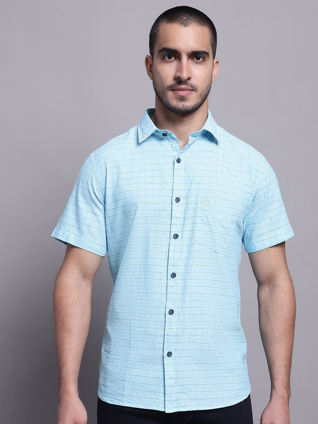

Cantabil Comfort Windowpane Checks Opaque Cotton Cotton Linen Casual Shirt, Blue