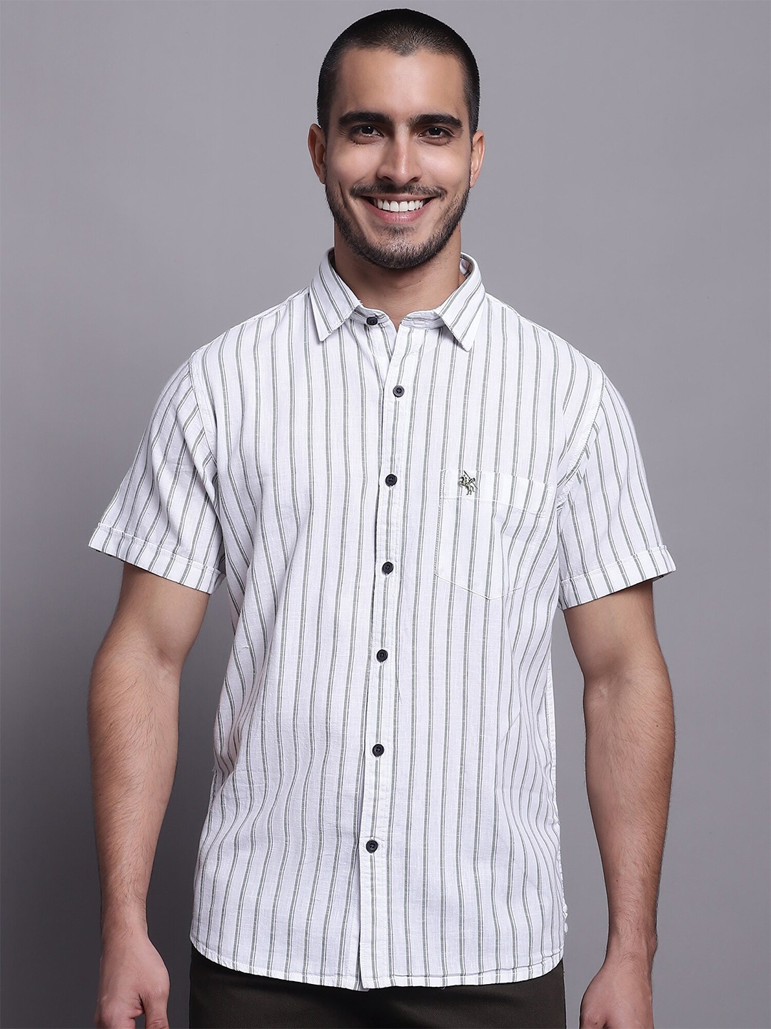 

Cantabil Comfort Opaque Striped Cotton Linen Casual Shirt, White