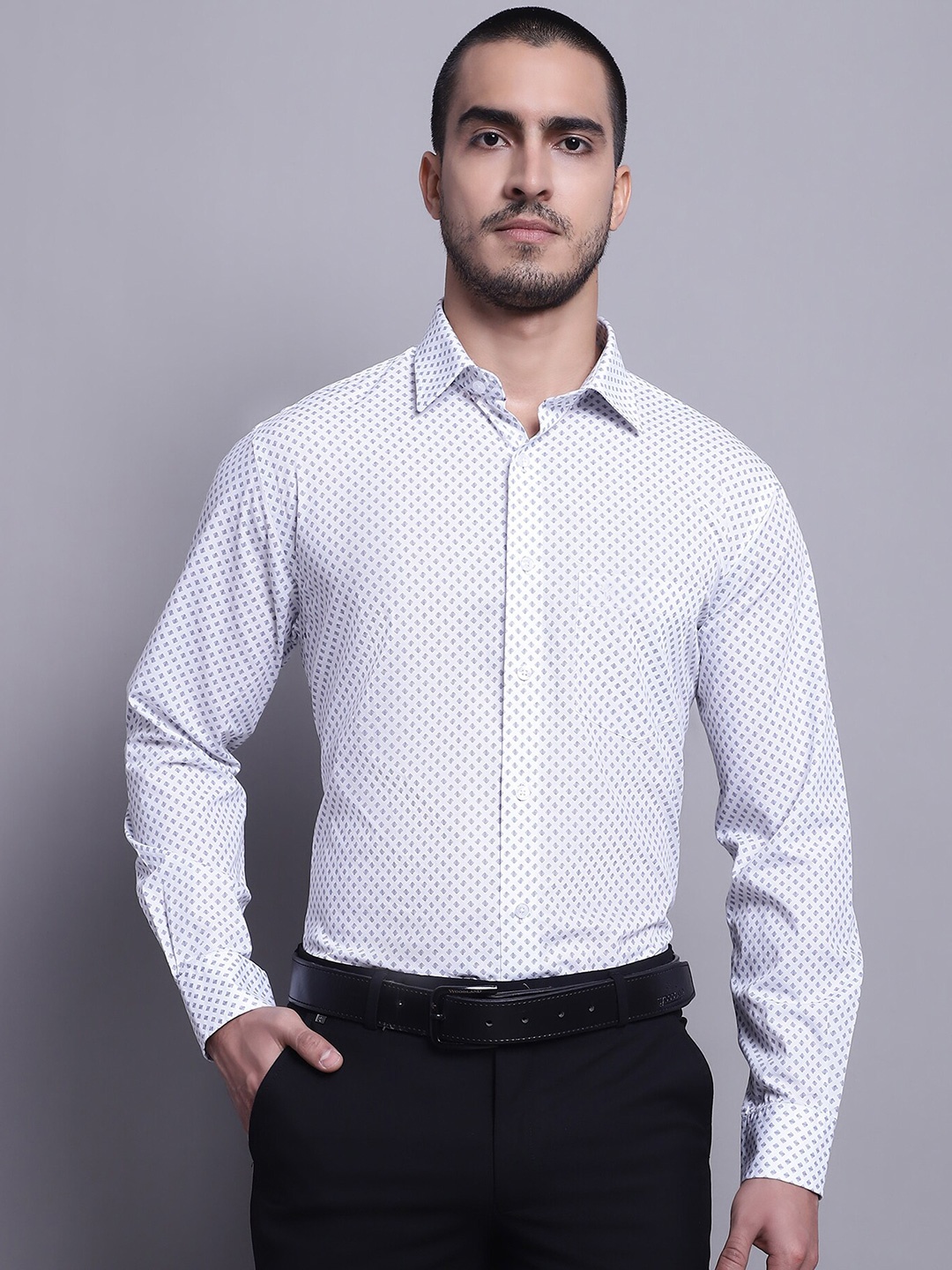 Cantabil Comfort Opaque Printed Cotton Formal Shirt, Navy blue