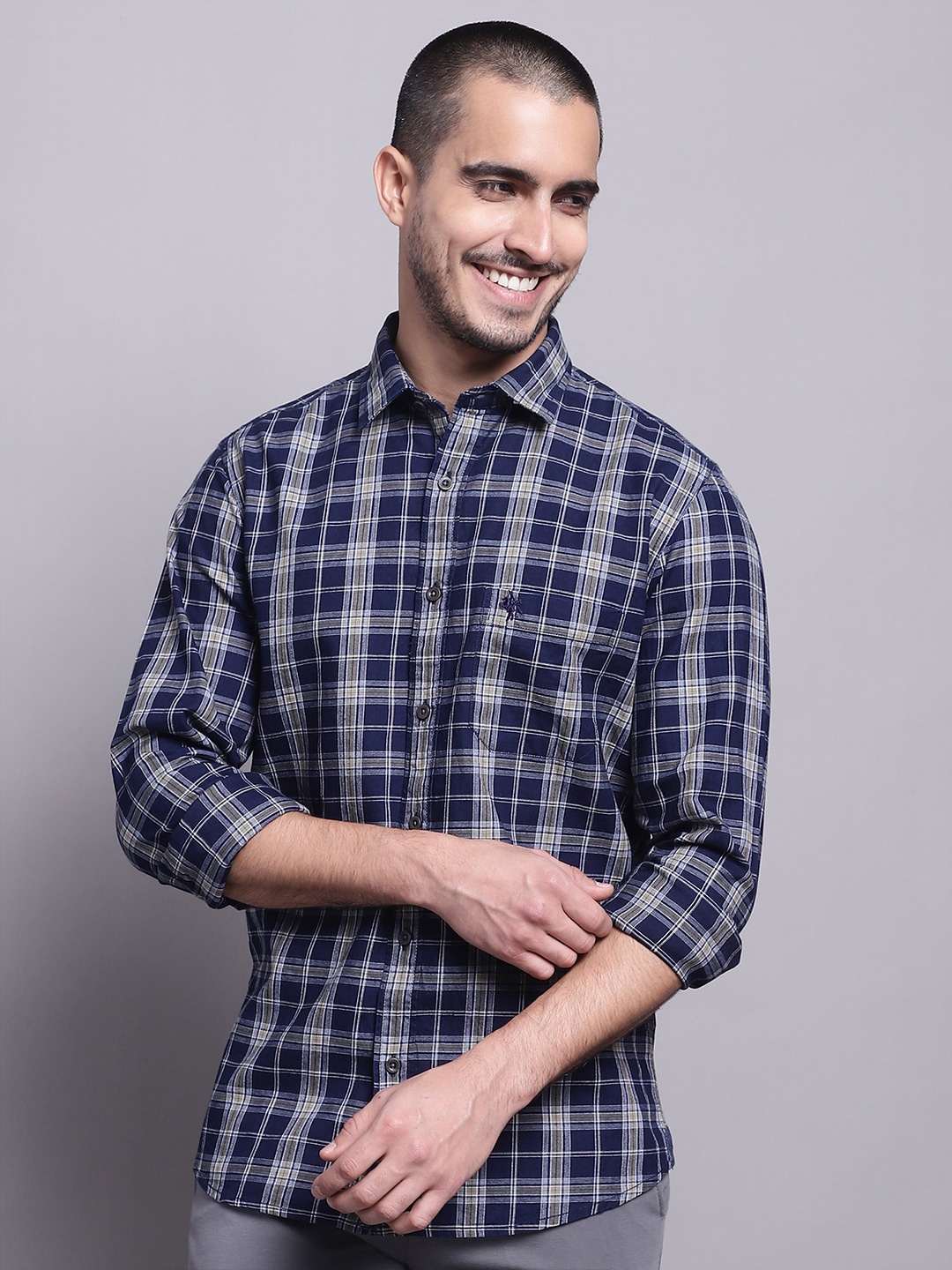 

Cantabil Comfort Tartan Checks Opaque Cotton Casual Shirt, Navy blue