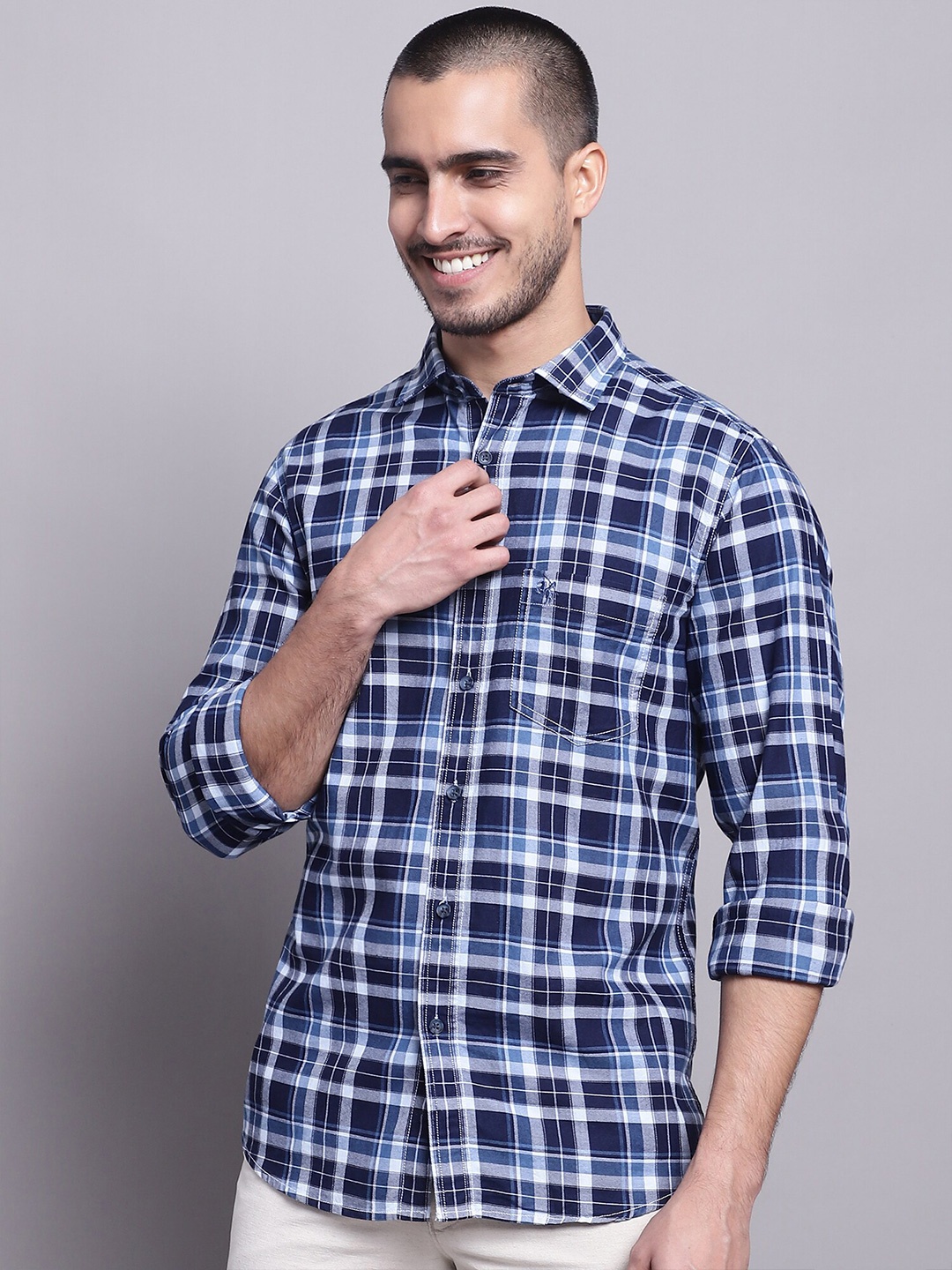 

Cantabil Comfort Opaque Checked Cotton Casual Shirt, Navy blue
