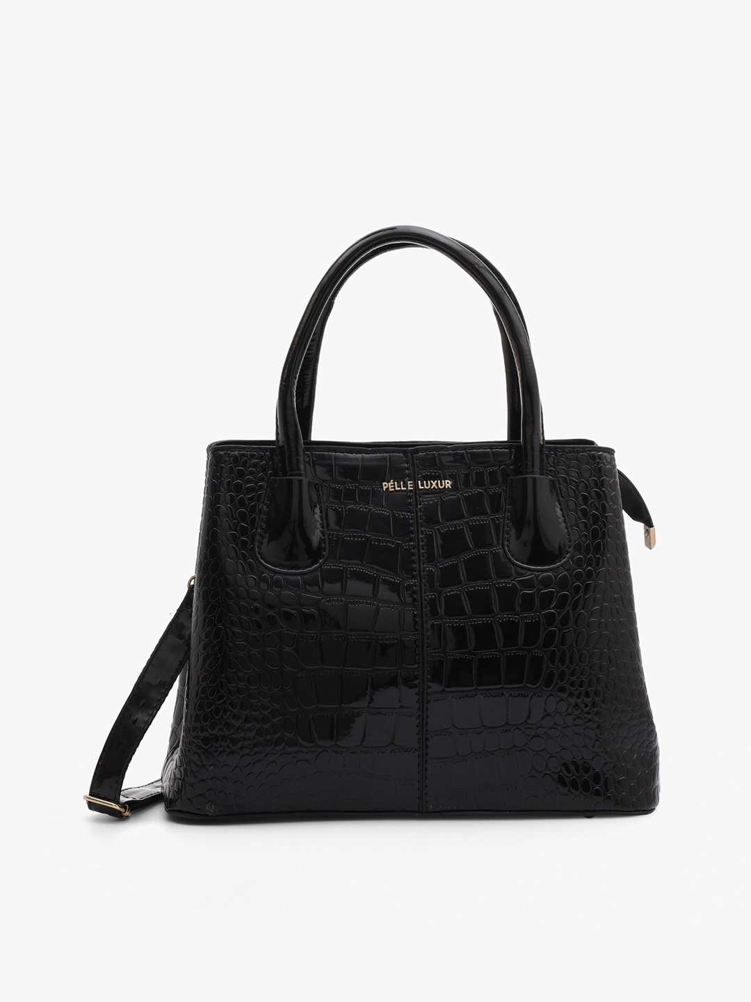 

PELLE LUXUR Textured PU Structured Satchel Bag, Black