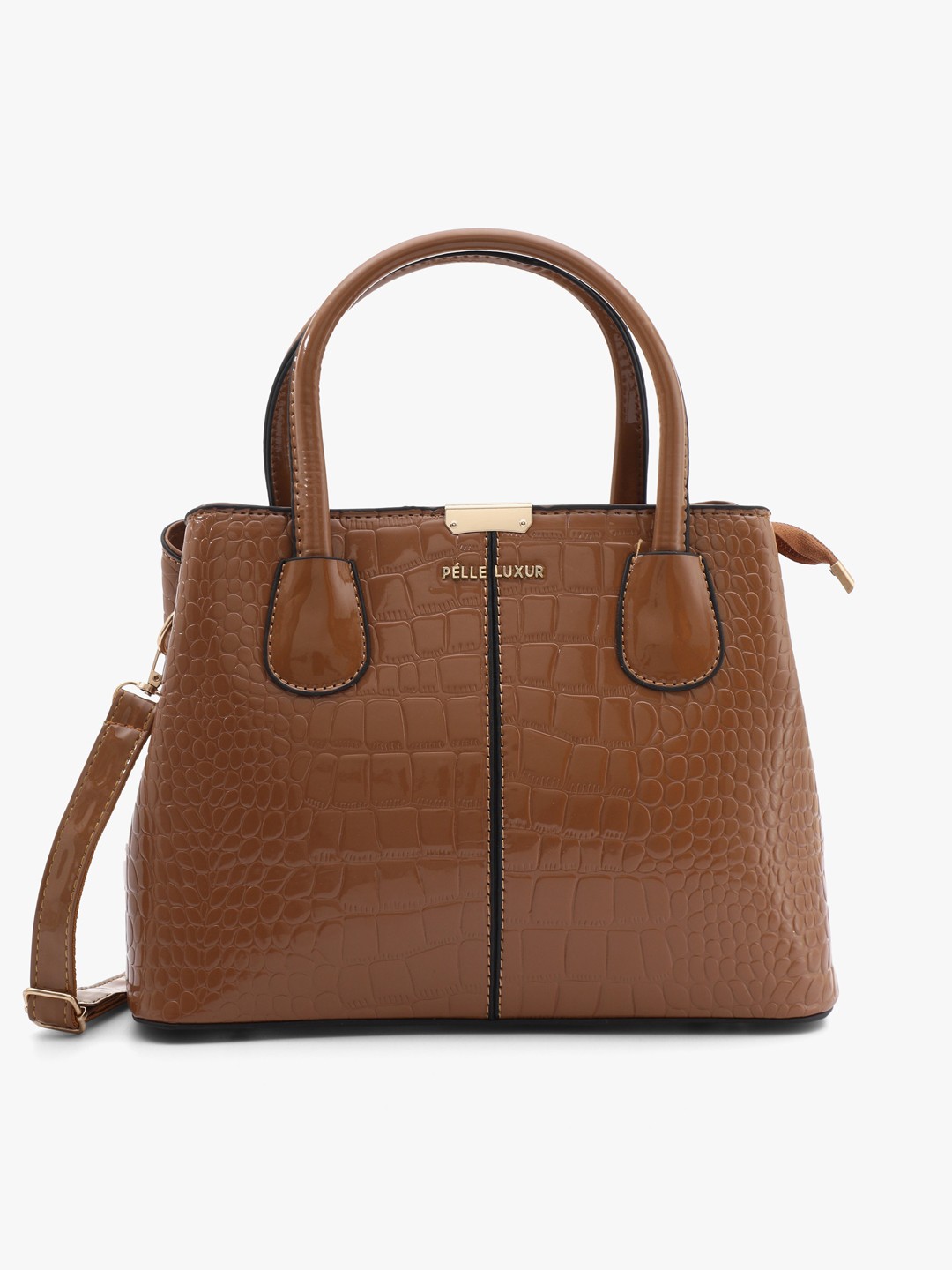 

PELLE LUXUR Textured PU Structured Satchel Bag, Brown