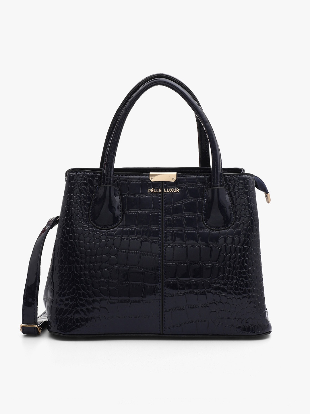 

PELLE LUXUR Textured PU Structured Satchel Bag, Navy blue