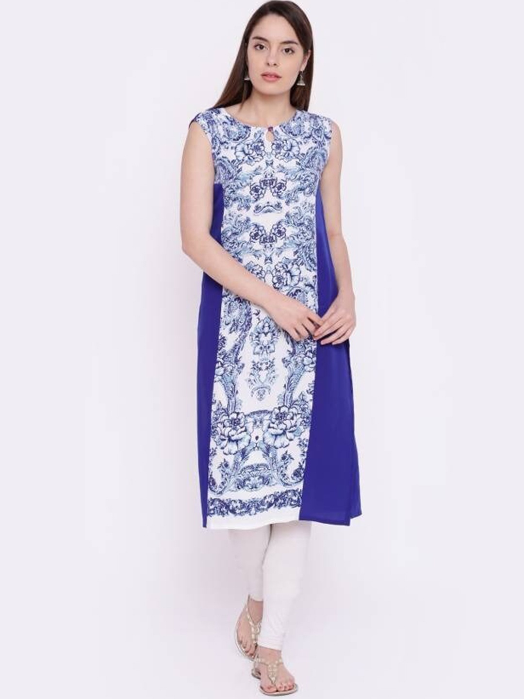 

Span Ethnic Motifs Printed Sequined Keyhole Panelled A-Line Kurta, Blue