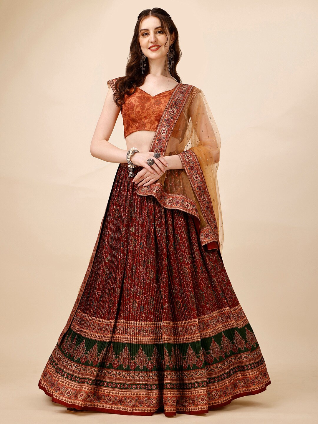 

SAPTRANGI Printed Semi-Stitched Lehenga & Unstitched Blouse With Dupatta, Brown