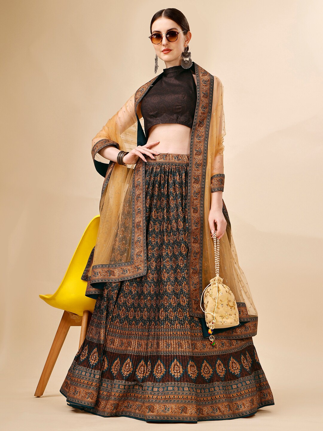 

SAPTRANGI Printed Semi-Stitched Lehenga & Unstitched Blouse With Dupatta, Brown