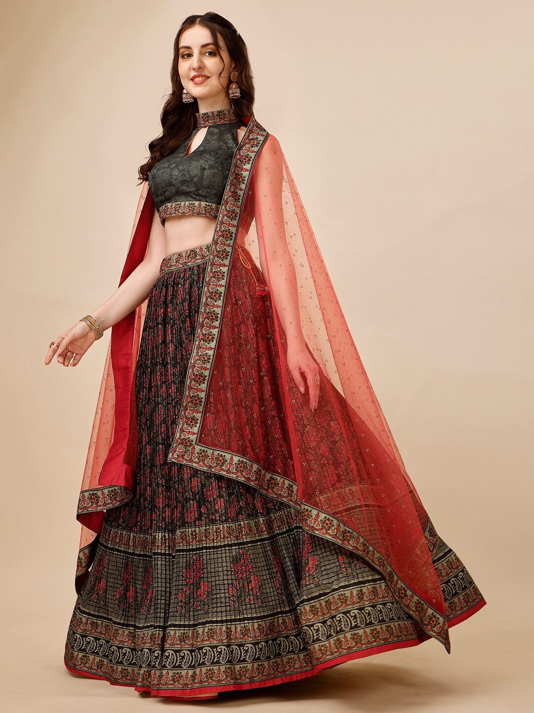 

SAPTRANGI Printed Semi-Stitched Lehenga & Unstitched Blouse With Dupatta, Grey
