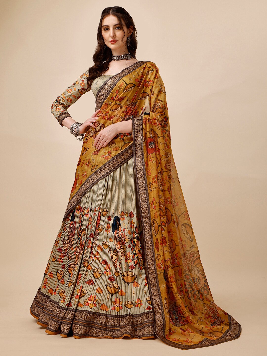 

SAPTRANGI Printed Semi-Stitched Lehenga & Unstitched Blouse With Dupatta, Mustard