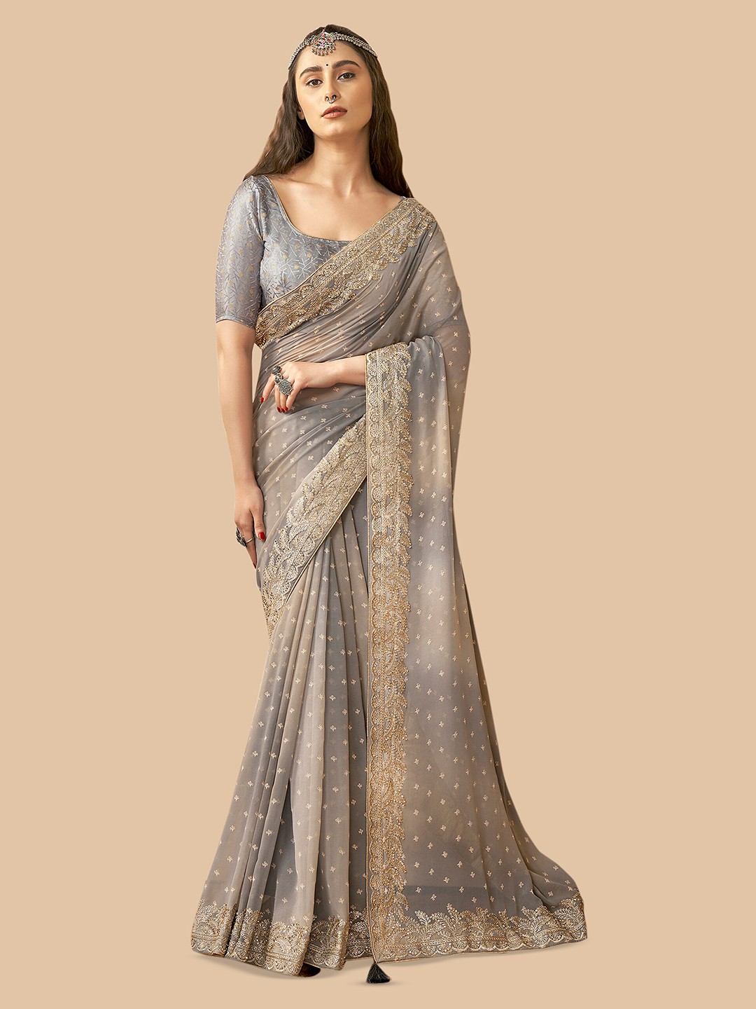 

Triveni Floral Embroidered Pure Georgette Saree, Grey