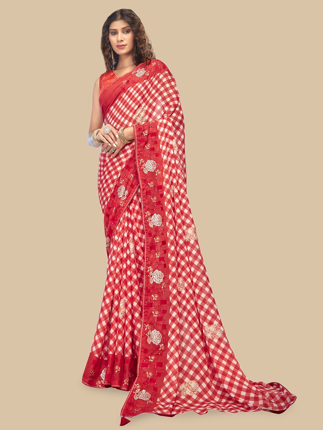 

Triveni Checked Zari Pure Chiffon Saree, Red