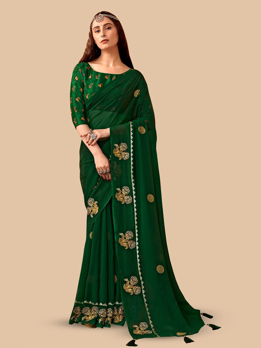 

Triveni Ethnic Motifs Embroidered Pure Georgette Saree, Green