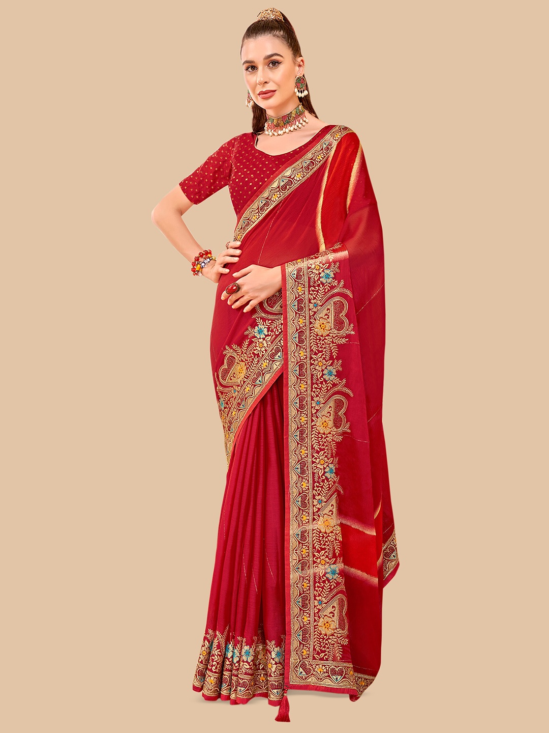 

Triveni Woven Design Pure Chiffon Saree, Red