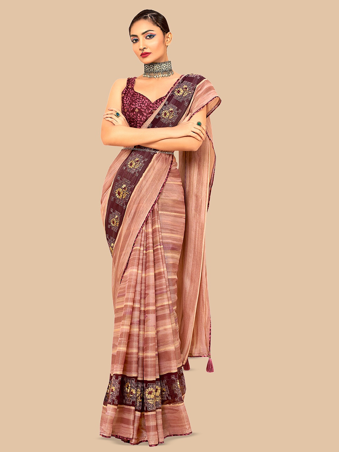 

Triveni Striped Embroidered Pure Chiffon Saree, Brown