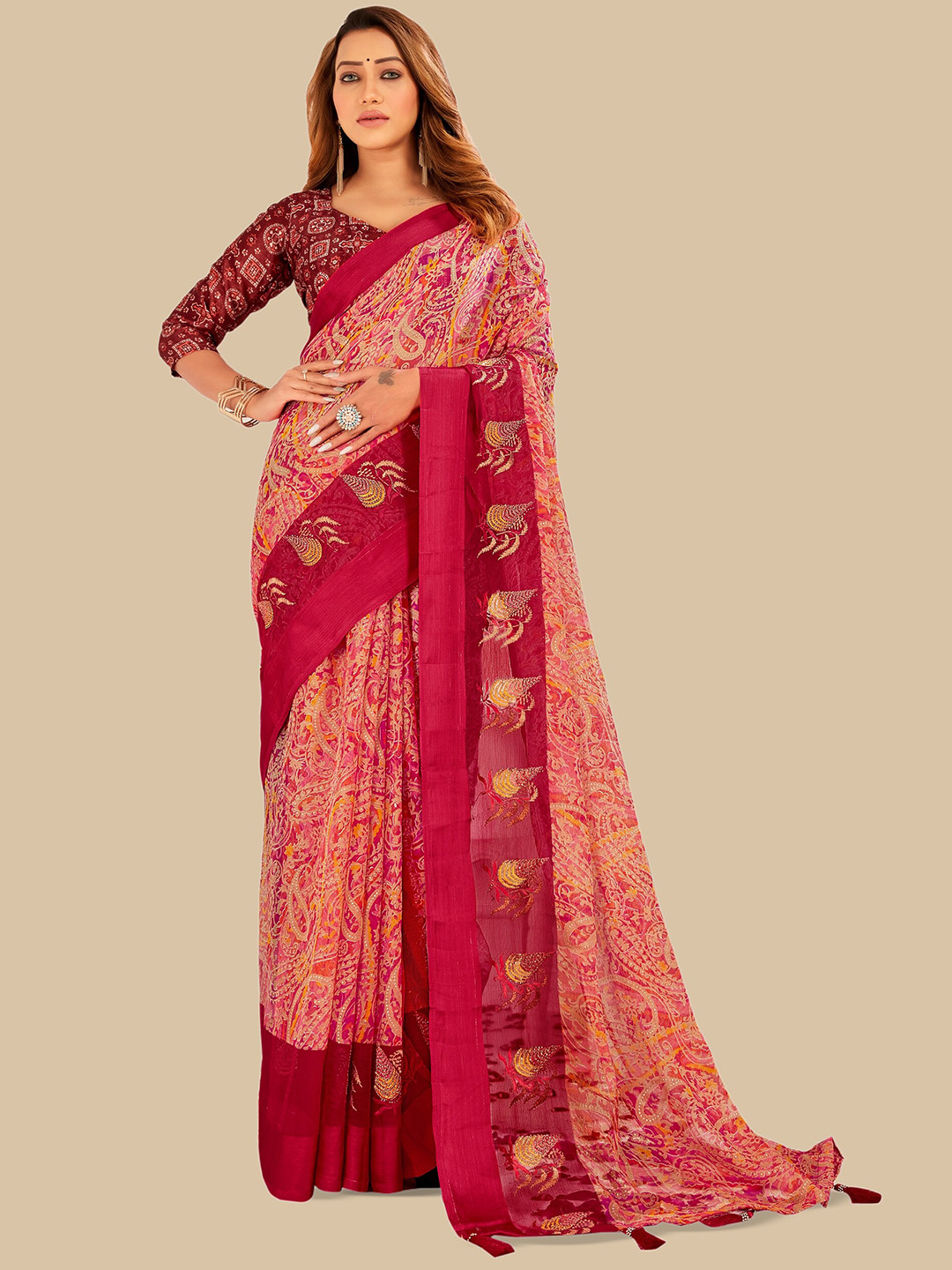 

Triveni Ethnic Motifs Embroidered Pure Chiffon Saree, Orange