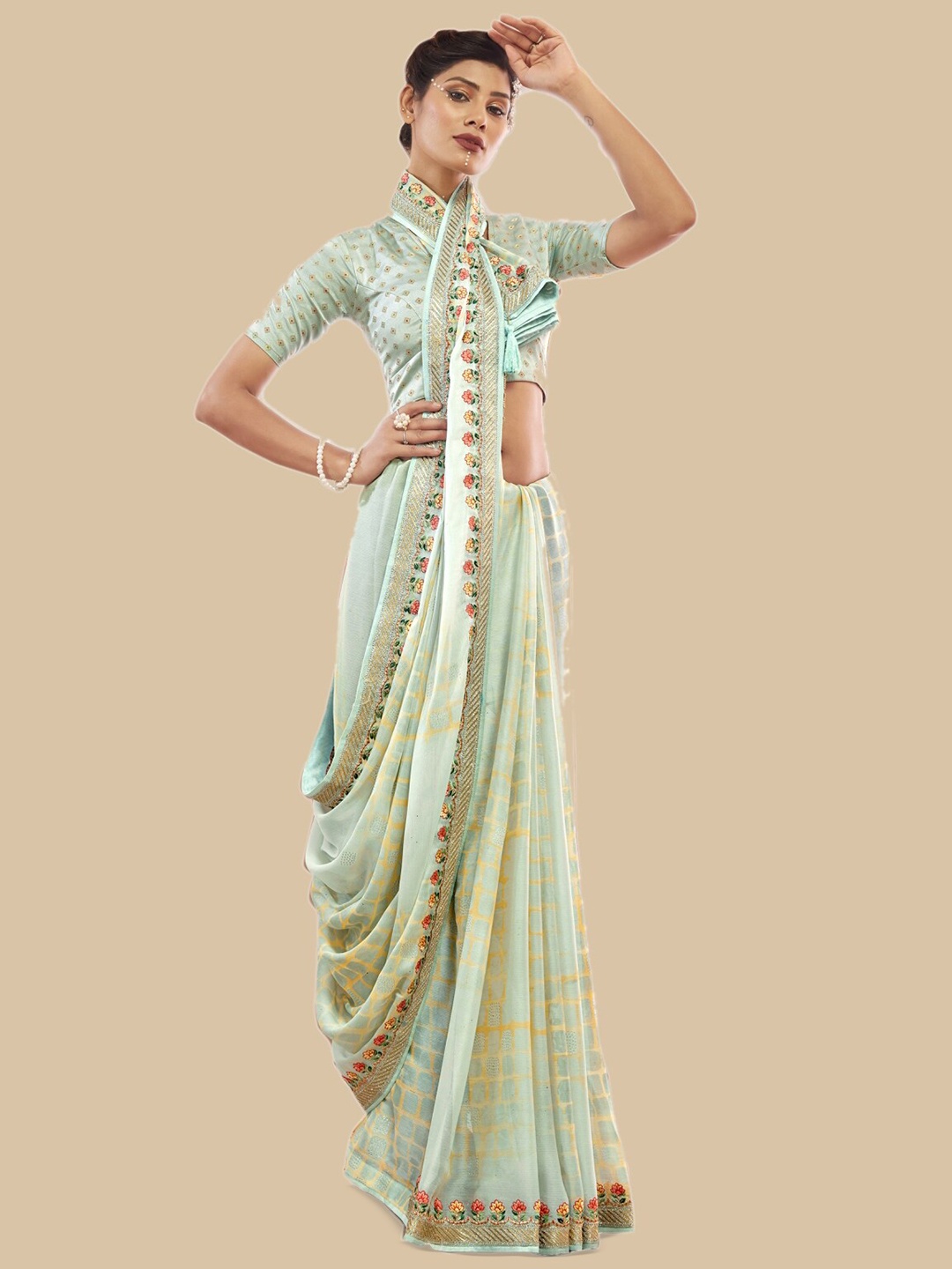 

Triveni Floral Embroidered Brasso Saree, Blue