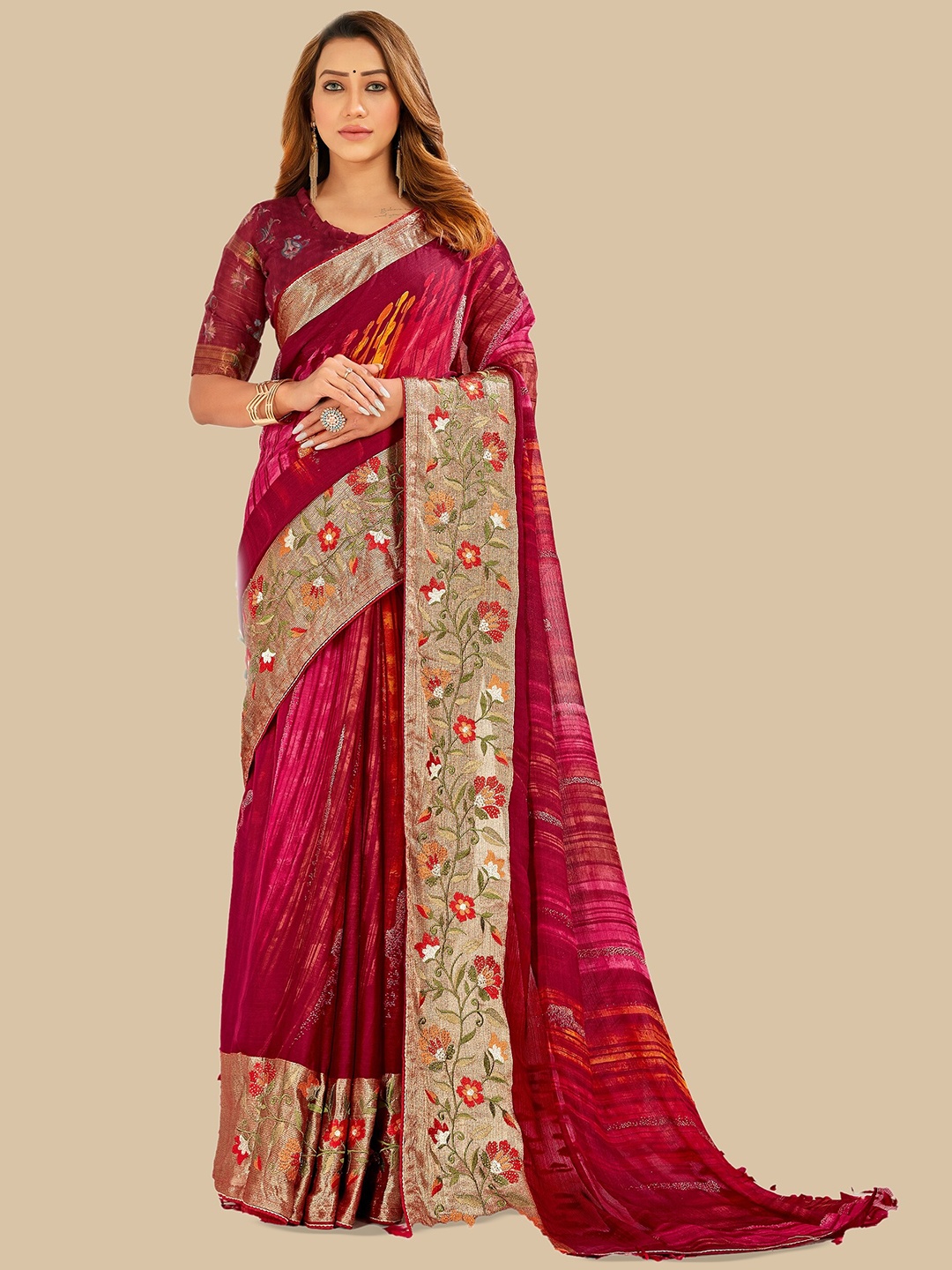 

Triveni Floral Printed Zari Pure Chiffon Saree, Maroon