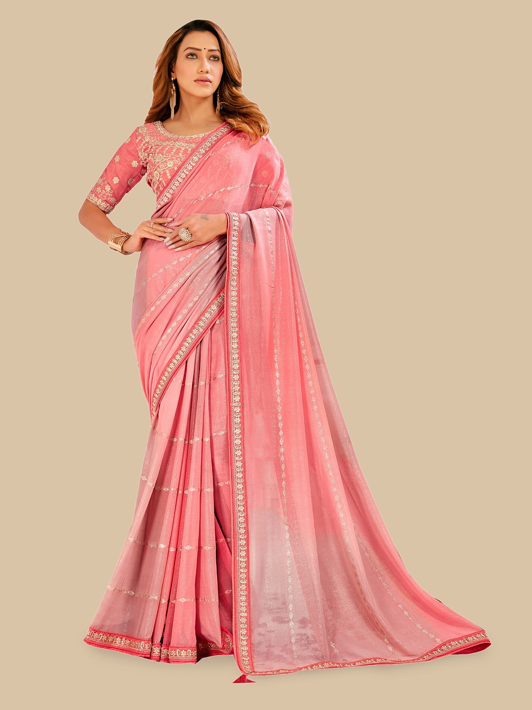 

Triveni Embellished Pure Georgette Saree, Pink