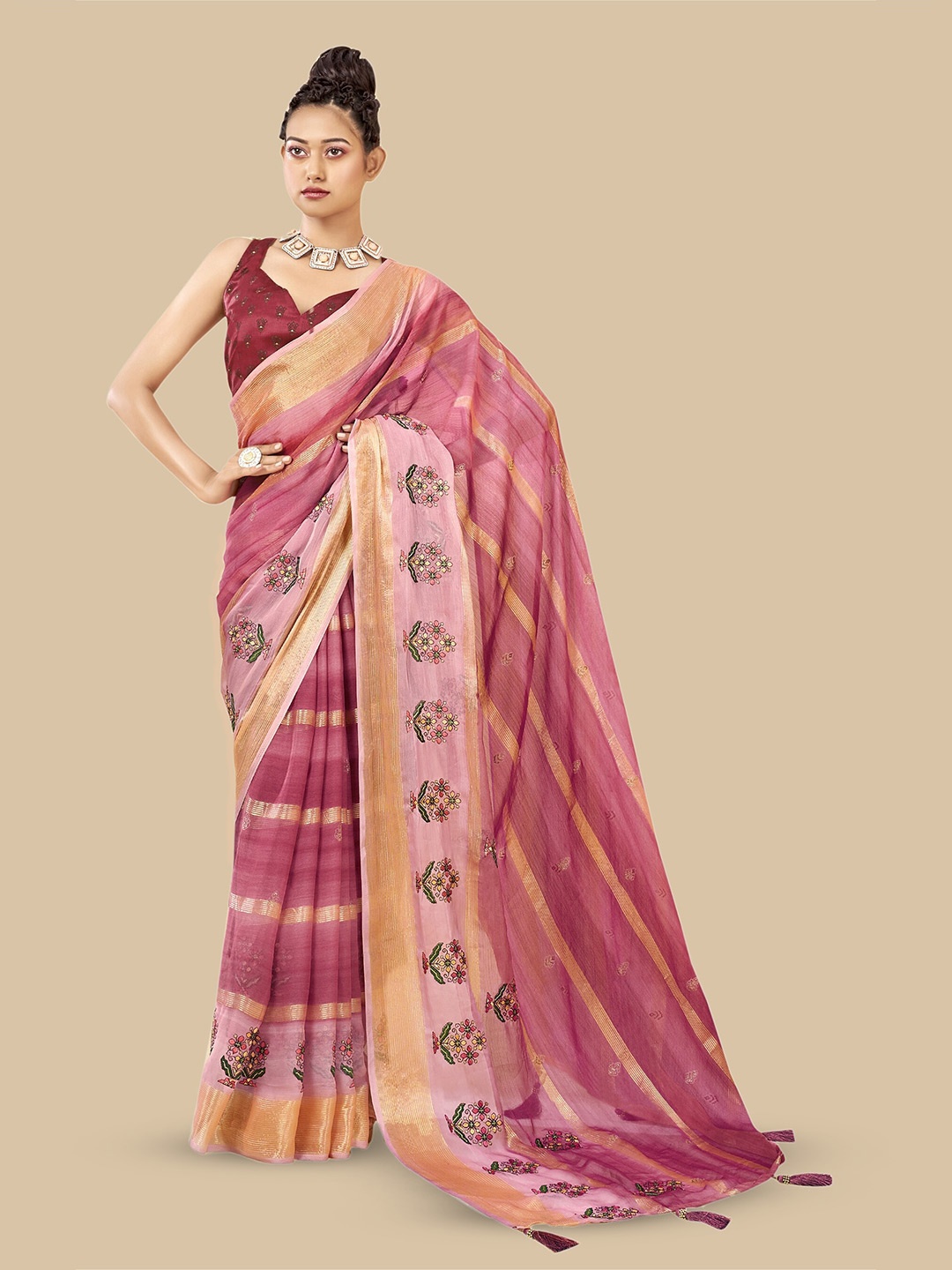 

Triveni Floral Embroidered Pure Chiffon Saree, Violet