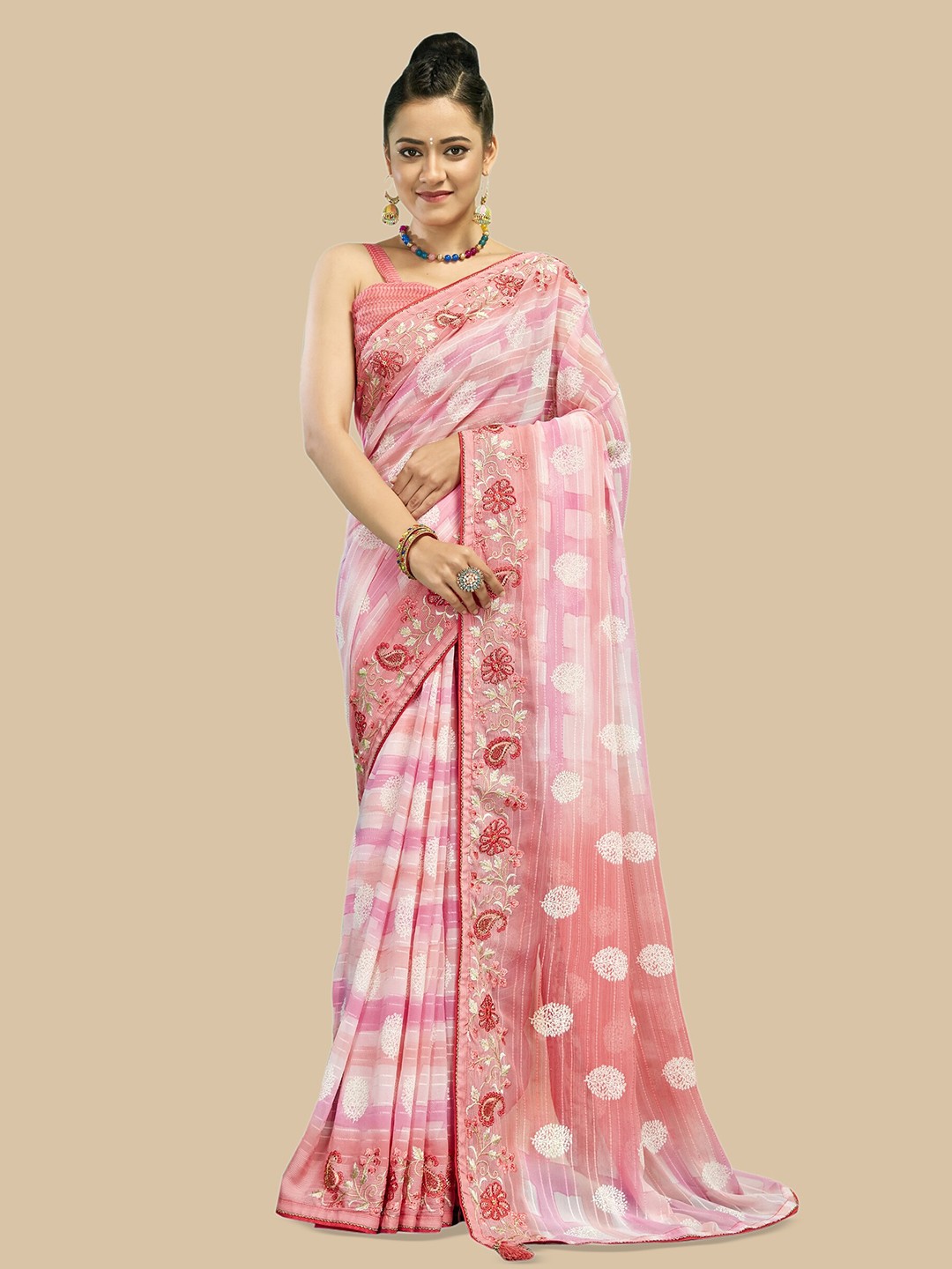 

Triveni thnic Motifs Embroidered Pure Georgette Saree, Pink