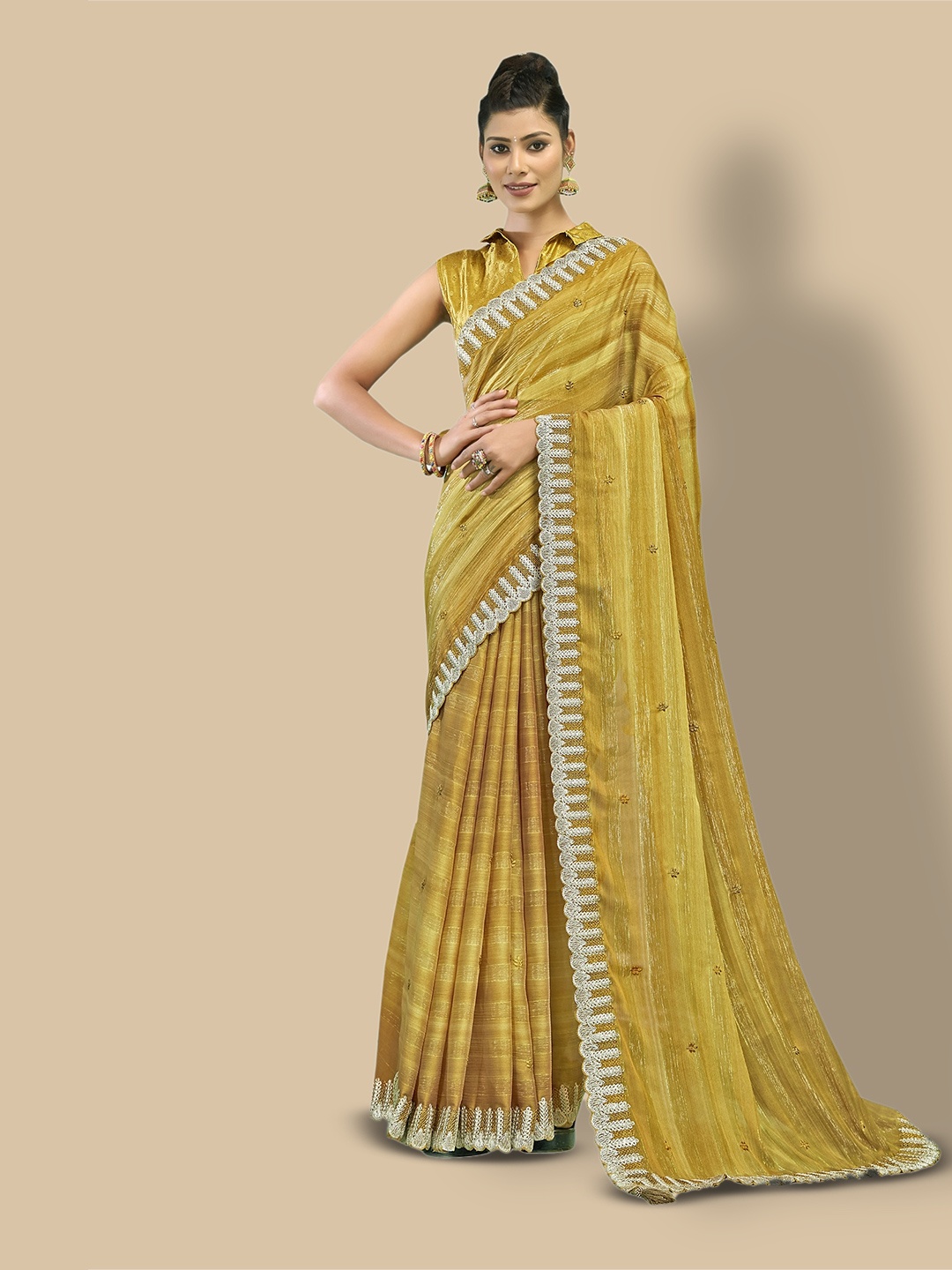 

Triveni Floral Embroidered Pure Chiffon Saree, Gold