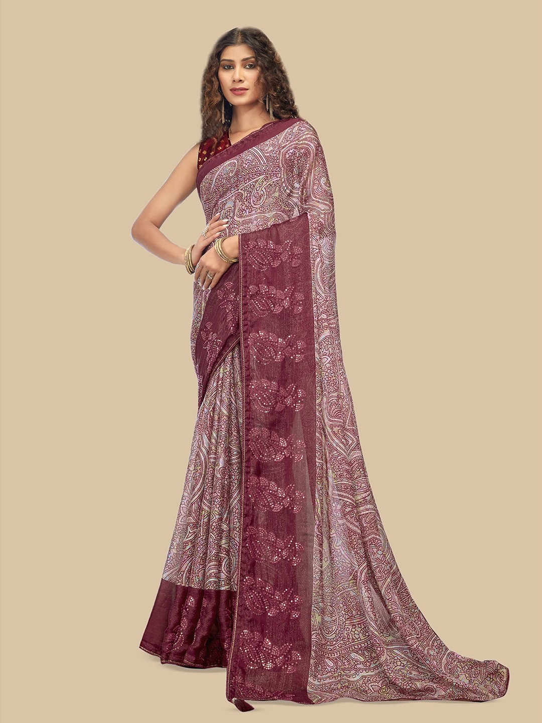 

Triveni Ethnic Motifs Mirror Work Pure Chiffon Saree, Red