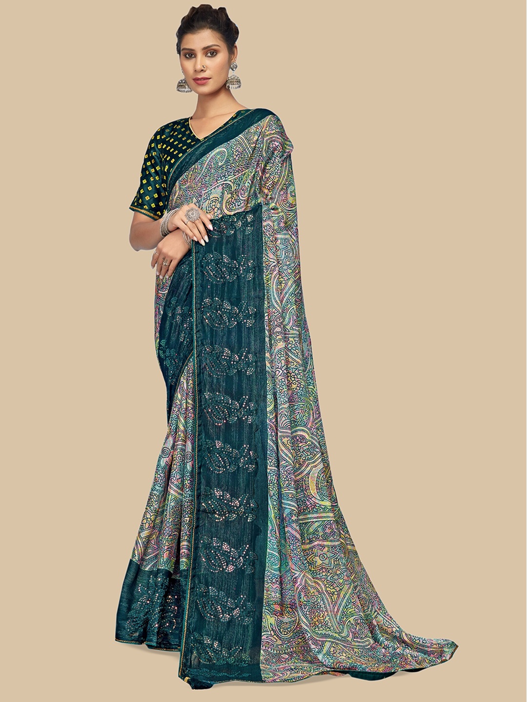 

Triveni Ethnic Motifs Printed Mirror Work Pure Chiffon Saree, Green