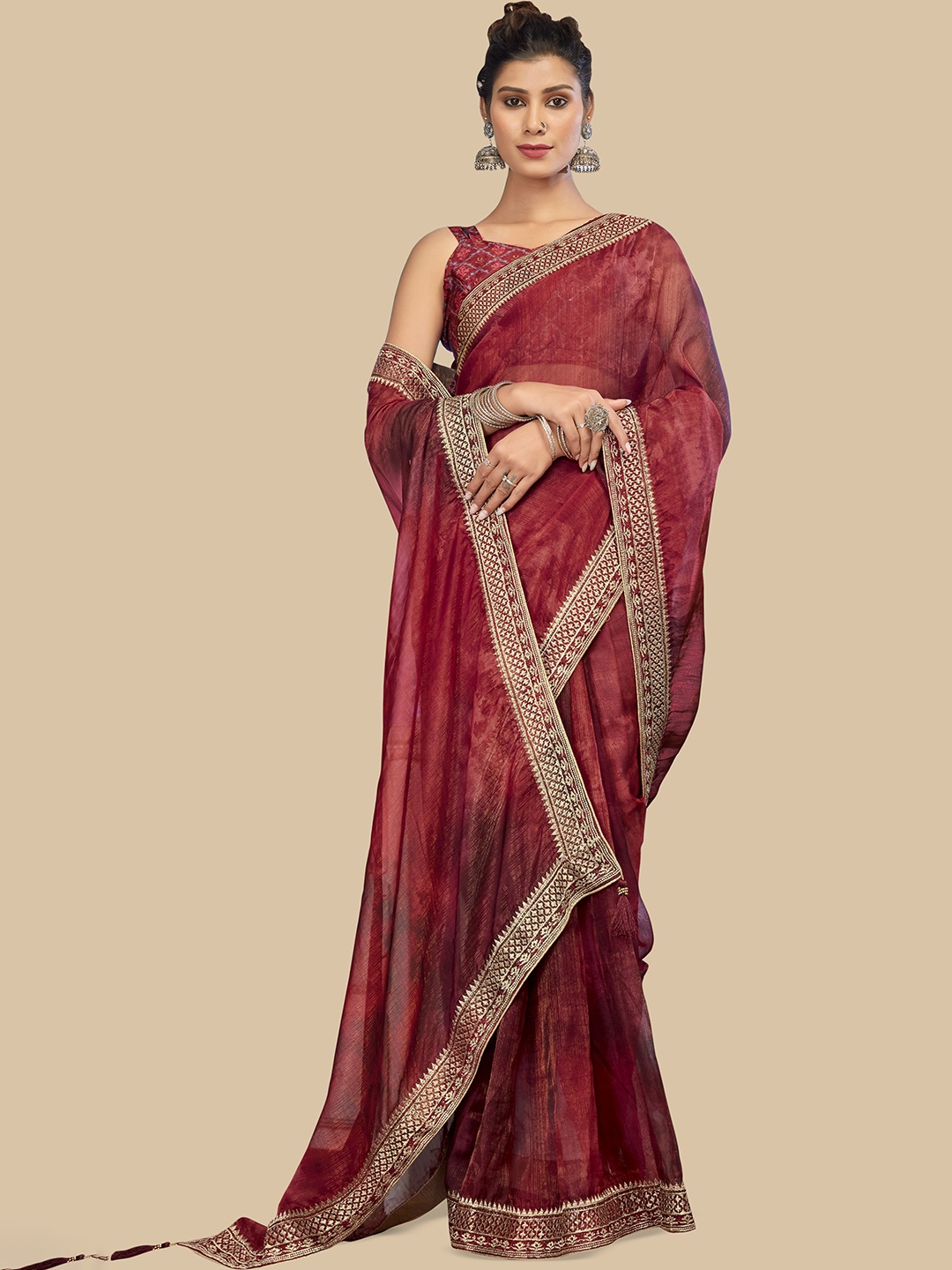 

Triveni Embroidered Organza Saree, Red
