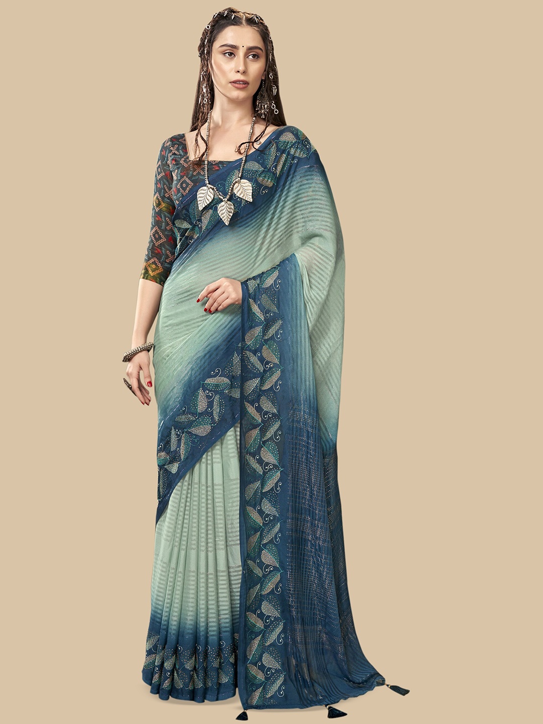 

Triveni Woven Design Sequinned Pure Georgette Saree, Blue