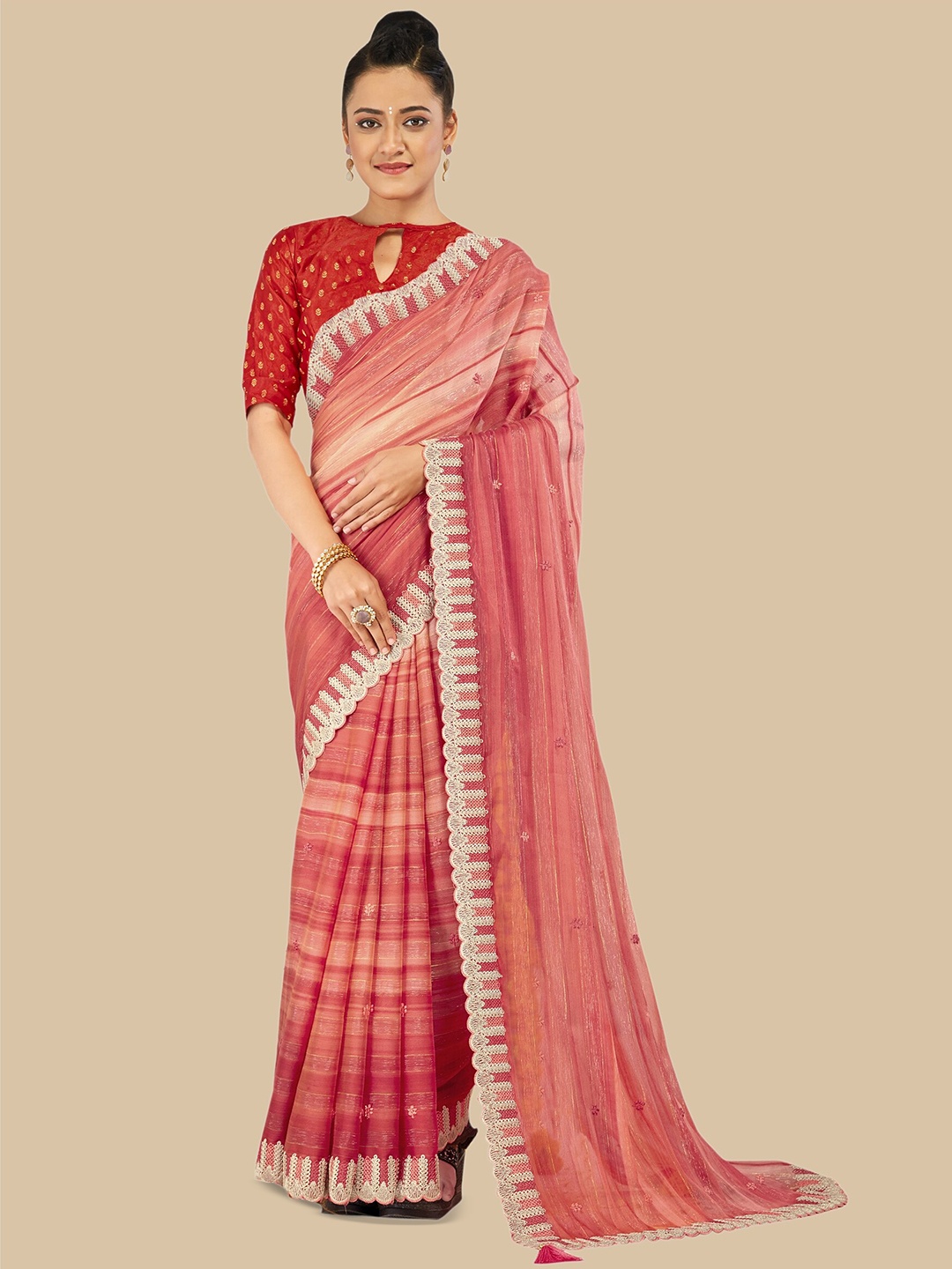 

Triveni Striped Embroidered Pure Chiffon Saree, Orange