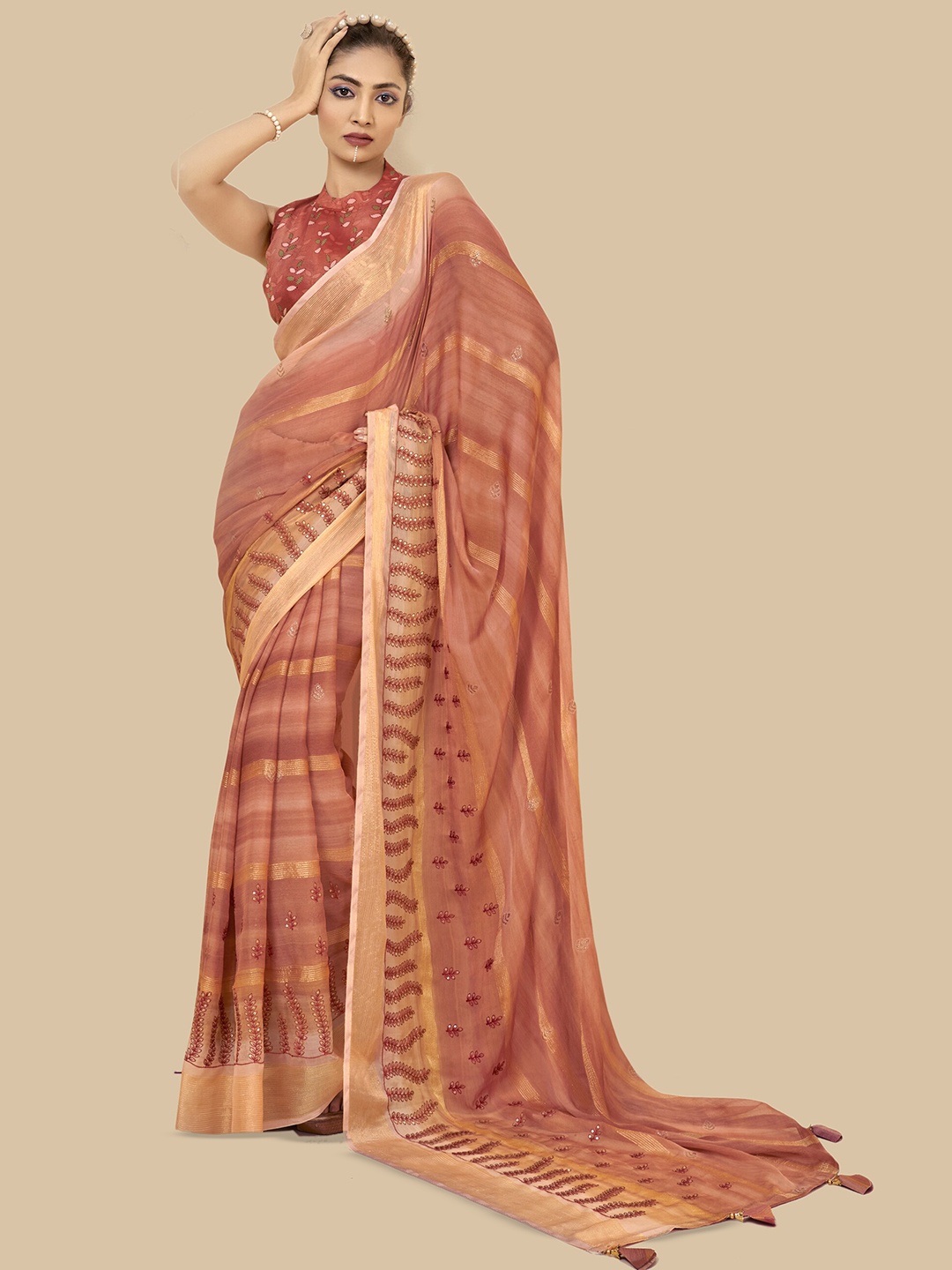 

Triveni Ethnic Motifs Zari Pure Georgette Saree, Orange