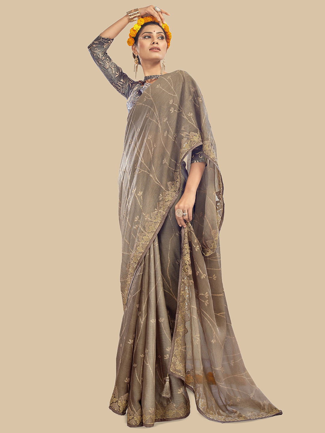 

Triveni Floral Embroidered Brasso Saree, Brown