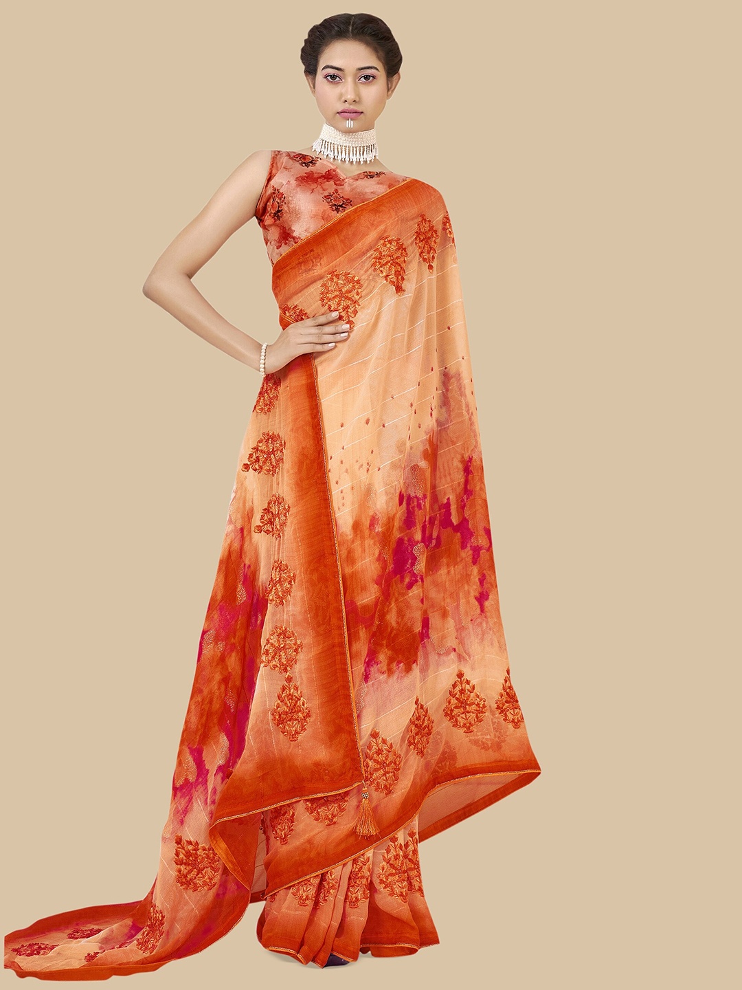 

Triveni Ethnic Motifs Embroidered Pure Georgette Saree, Orange
