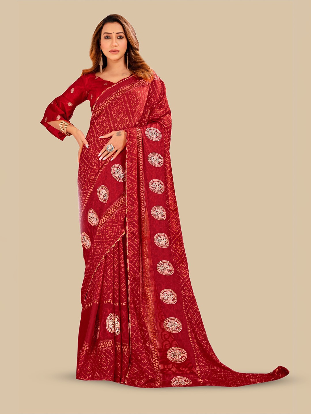 

Triveni Bandhani Printed Pure Chiffon Saree, Maroon