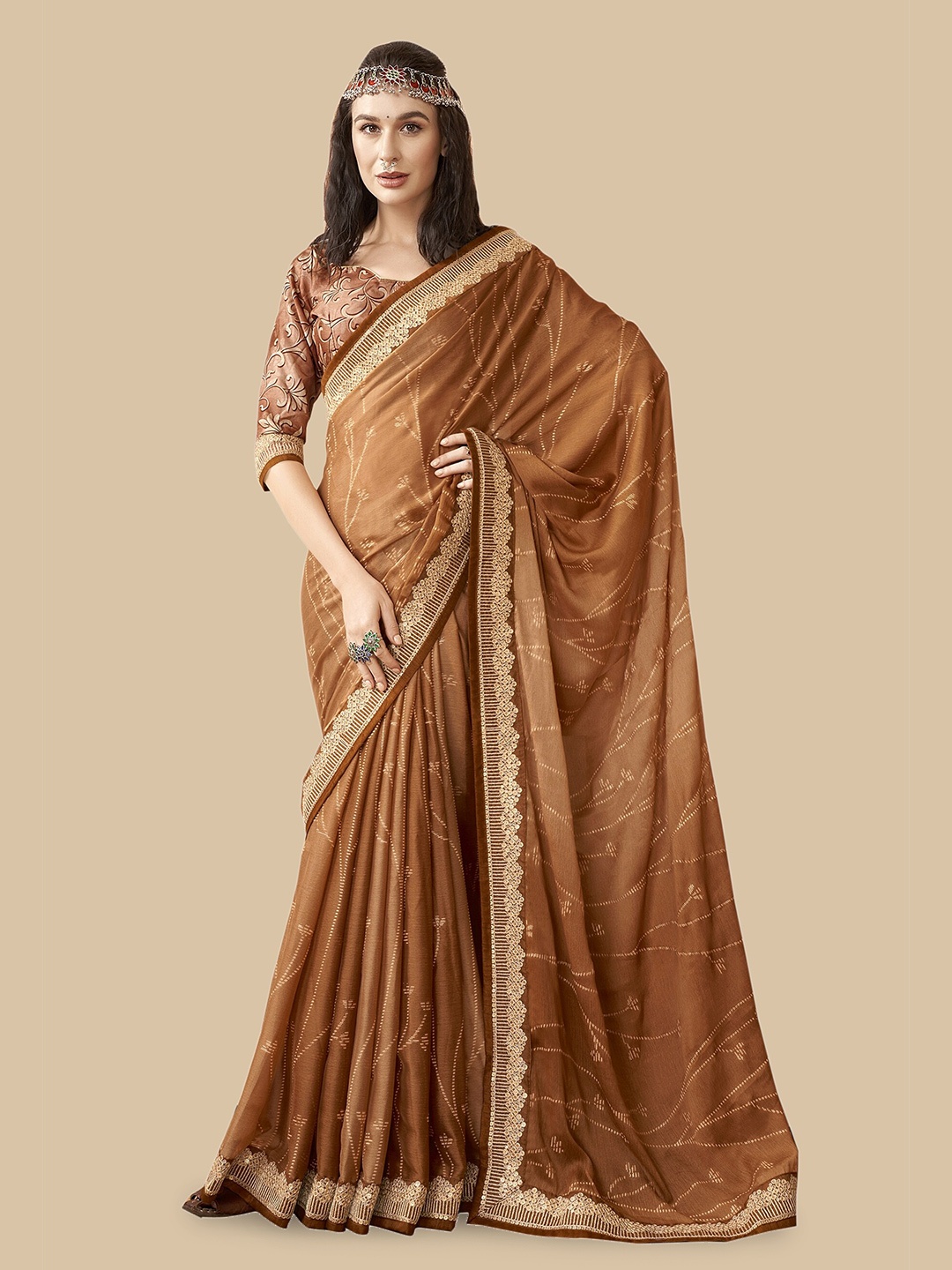 

Triveni Floral Embroidered Pure Chiffon Saree, Beige