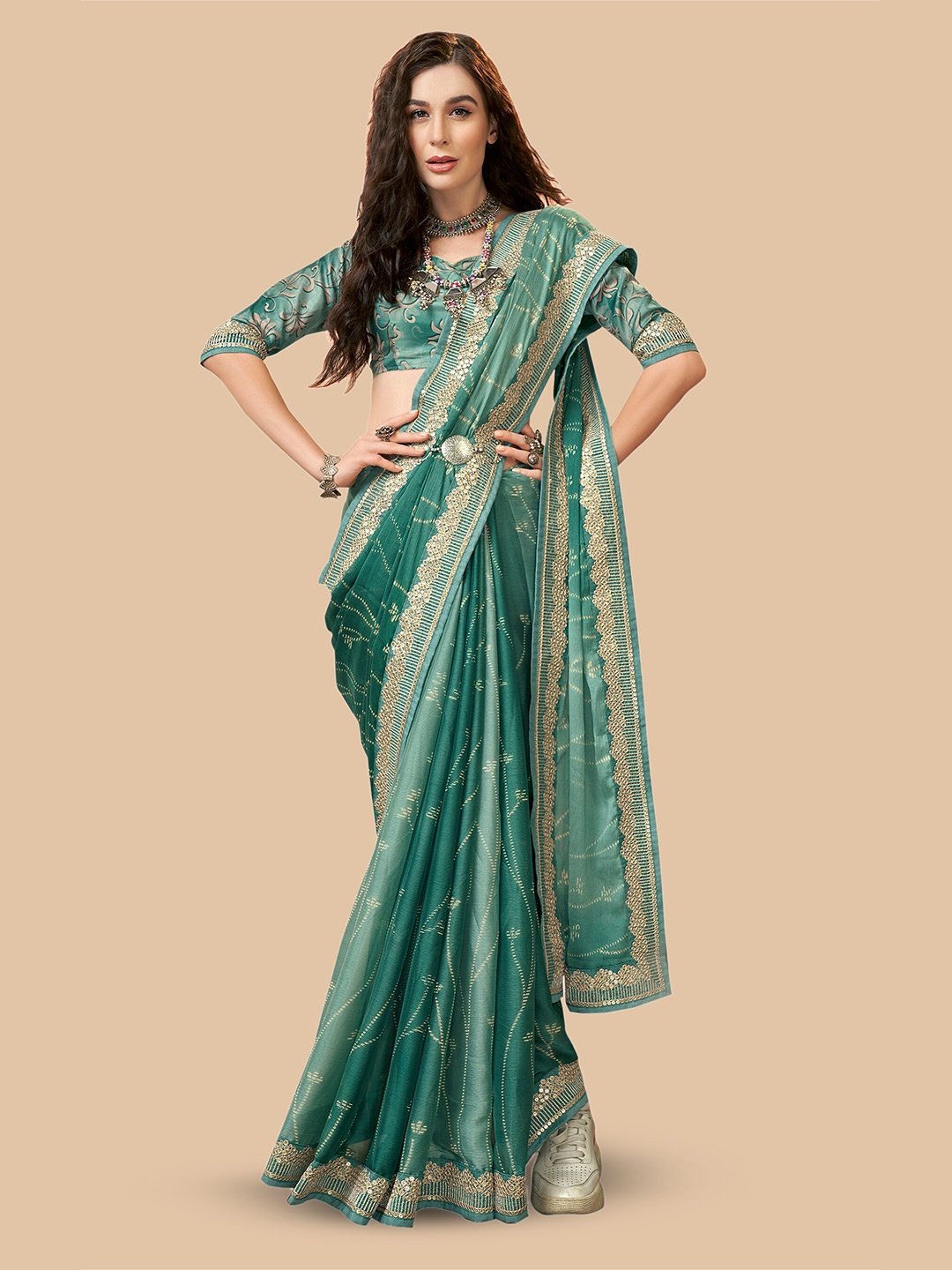 

Triveni Floral Printed Pure Chiffon Saree, Green